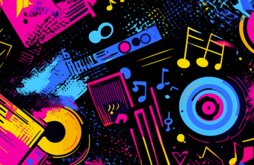 Vibrant abstract background with neon pink, blue, and yellow musical notes, vinyl records, keyboards, and sound equipment on a black backdrop—an energetic music-themed design
