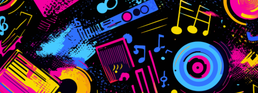 Vibrant abstract background with neon pink, blue, and yellow musical notes, vinyl records, keyboards, and sound equipment on a black backdrop—an energetic music-themed design